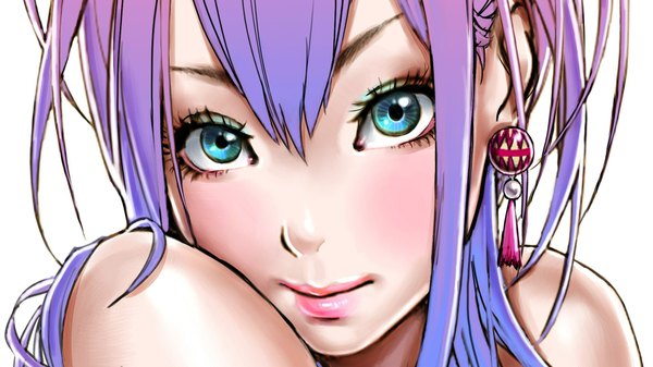 Anime picture 1920x1080 with original yamashita shunya single long hair looking at viewer blush fringe highres blue eyes simple background wide image white background bare shoulders purple hair lipstick face girl earrings