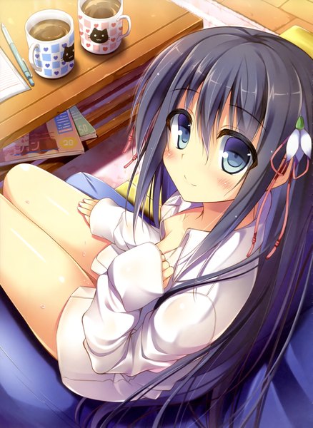 Anime picture 2894x3961 with original nozomi tsubame single long hair tall image blush fringe highres blue eyes light erotic black hair smile sitting from above scan bare legs knees touching naked shirt girl shirt