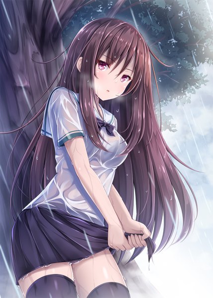 Anime picture 1100x1539 with original akashio (loli ace) single long hair tall image looking at viewer fringe breasts light erotic hair between eyes brown hair standing purple eyes payot outdoors parted lips pleated skirt from below wet zettai ryouiki
