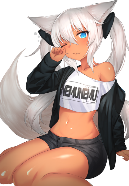 Anime picture 749x1080 with original mathew (srmmk mce) single long hair tall image fringe blue eyes simple background hair between eyes white background sitting twintails animal ears payot bent knee (knees) white hair tail head tilt animal tail one eye closed