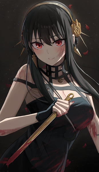 Anime picture 2360x4093 with spy x family yor briar aftamc single long hair tall image blush fringe highres black hair simple background smile hair between eyes red eyes looking away cleavage black background bloody clothes bloody weapon girl