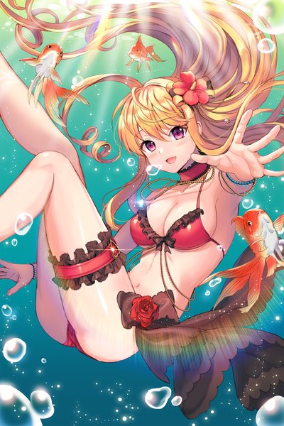 Anime-Bild 1200x1800 mit sword girls cinia pacifica hc (razel1) single long hair tall image looking at viewer blush fringe open mouth light erotic blonde hair smile hair between eyes purple eyes cleavage :d hair flower sunlight armpit (armpits)