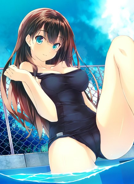 Anime picture 800x1101 with idolmaster idolmaster cinderella girls shibuya rin amami mikihiro single long hair tall image looking at viewer blush fringe breasts blue eyes light erotic smile brown hair large breasts standing bare shoulders sky cloud (clouds)