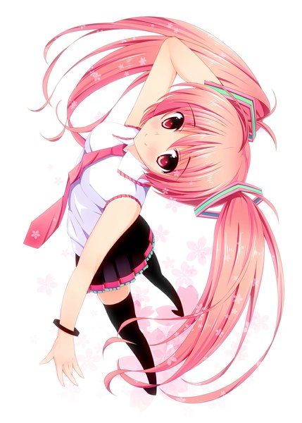 Anime picture 715x1000 with vocaloid hatsune miku sakura miku azure (capriccio) single long hair tall image looking at viewer blush smile twintails pink hair pink eyes girl thighhighs skirt black thighhighs necktie