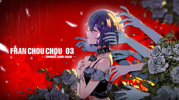 Anime picture 1778x1000 with zombie land saga mappa mizuno ai d-zhai single fringe highres short hair hair between eyes wide image purple hair profile copyright name red background girl hair ornament flower (flowers) rose (roses) feather (feathers) microphone