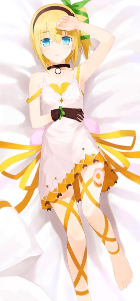 Anime picture 1523x3274 with tales of (series) tales of zestiria edna (tales) akitaka akita single tall image looking at viewer fringe blue eyes blonde hair bent knee (knees) lying parted lips barefoot from above bare legs armpit (armpits) on back one side up looking up
