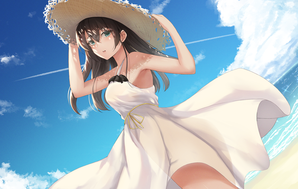 Anime picture 3210x2040 with virtual youtuber hololive natsuiro matsuri yamikyon single long hair looking at viewer blush fringe highres open mouth hair between eyes brown hair standing green eyes absurdres sky cloud (clouds) outdoors arms up