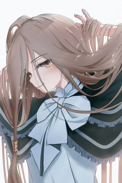 Anime picture 682x1024 with sousou no frieren sense (sousou no frieren) akatsuki (akatsukinotsuki) single long hair tall image looking at viewer simple background smile brown hair white background brown eyes upper body adjusting hair girl