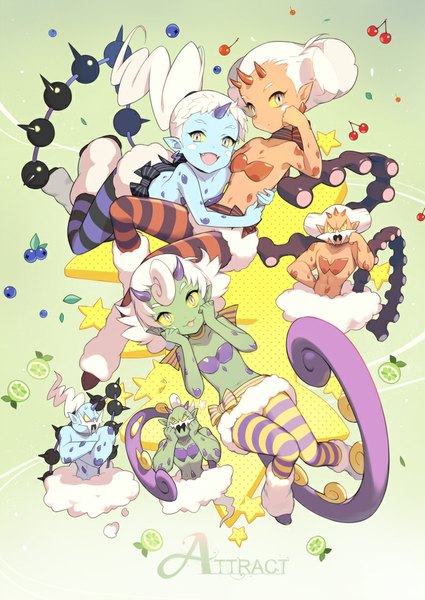 Anime picture 680x961 with pokemon moemon pokemon black and white nintendo tornadus landorus thundurus 1000marie long hair tall image looking at viewer short hair open mouth multiple girls yellow eyes cloud (clouds) white hair ponytail horn (horns) pointy ears