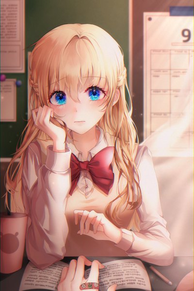 Anime picture 2725x4083 with original youwon0417 long hair tall image looking at viewer blush fringe highres blue eyes blonde hair hair between eyes sitting upper body indoors long sleeves sunlight arm support anaglyph head rest classroom