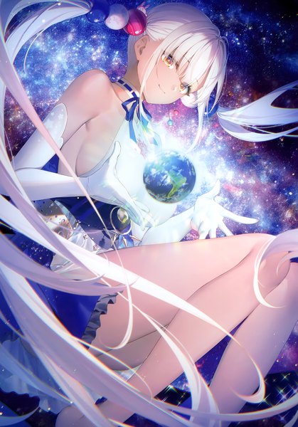Anime picture 2418x3465 with virtual youtuber hololive hololive english tsukumo sana toosaka asagi single tall image looking at viewer fringe highres breasts light erotic large breasts twintails yellow eyes silver hair bent knee (knees) blunt bangs very long hair barefoot