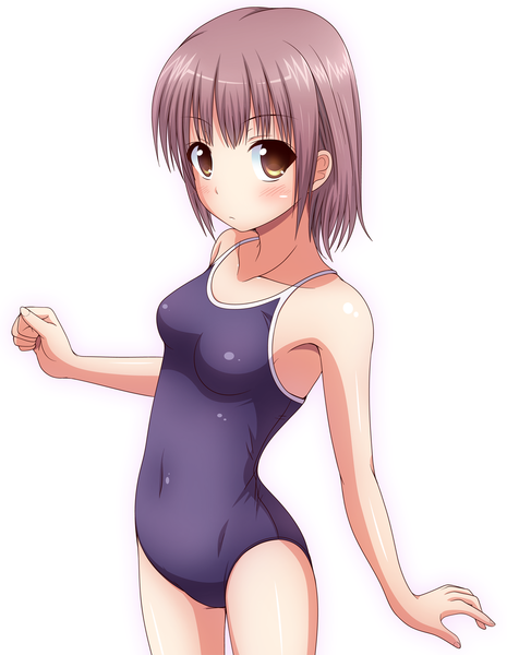 Anime picture 1041x1344 with original kk-sk-ray single tall image looking at viewer blush short hair light erotic simple background white background brown eyes purple hair girl swimsuit one-piece swimsuit school swimsuit