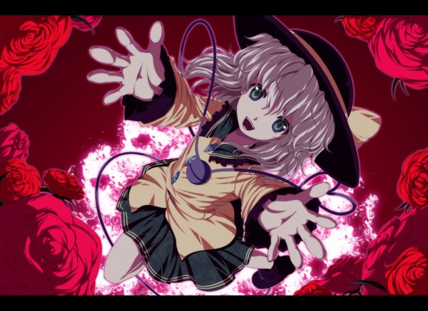 Anime picture 1180x860 with touhou komeiji koishi isatessyu (artist) single short hair open mouth green eyes white hair outstretched arm girl flower (flowers) hat rose (roses) red rose