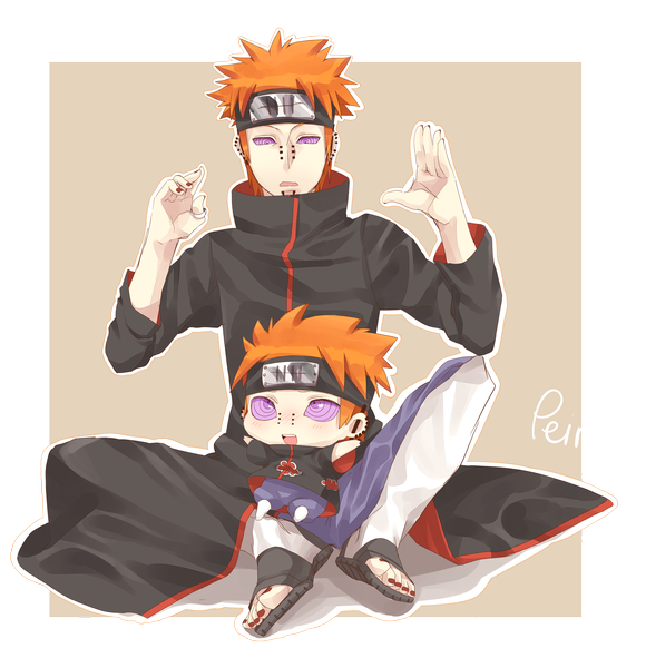 Anime picture 3000x3100 with naruto studio pierrot naruto (series) pain (naruto) deva path yahiko (naruto) gotnojob tall image blush highres short hair purple eyes nail polish orange hair text piercing looking down looking up transparent background chibi