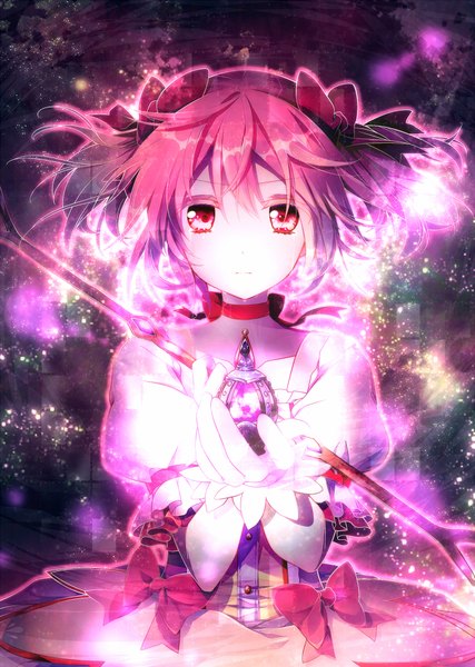 Anime picture 700x983 with mahou shoujo madoka magica shaft (studio) kaname madoka riichu single tall image short hair twintails pink hair pink eyes sparkle short twintails light girl dress gloves bow hair bow choker white gloves