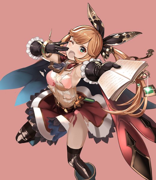 Anime picture 2600x3000 with granblue fantasy clarisse (granblue fantasy) effort ryo single long hair tall image looking at viewer fringe highres breasts open mouth light erotic simple background brown hair green eyes one eye closed from above torn clothes pink background girl