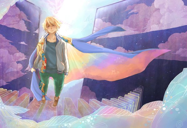 Anime picture 2000x1367 with tiger & bunny sunrise (studio) ivan karelin amurasaki (artist) single blush highres short hair blonde hair purple eyes cloud (clouds) clothes on shoulders boy water jacket pants cloak t-shirt