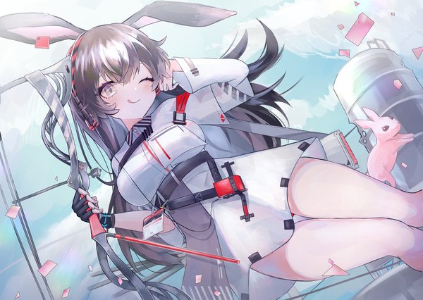 Anime picture 1500x1067 with arknights april (arknights) seia (tikxxx) single long hair blush fringe light erotic smile hair between eyes brown hair holding brown eyes animal ears sky cloud (clouds) one eye closed wink bunny ears :q