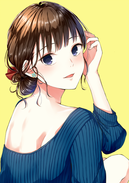 Anime picture 1200x1694 with original dabadhi single tall image looking at viewer blush open mouth simple background brown hair purple eyes looking back arm up yellow background girl earrings