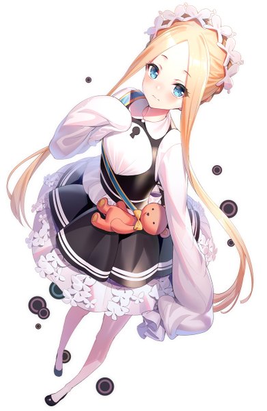 Anime picture 783x1200 with fate (series) fate/grand order abigail williams (fate) ririko (zhuoyandesailaer) single long hair tall image looking at viewer blush blue eyes blonde hair white background payot full body long sleeves from above alternate costume alternate hairstyle hands in sleeves heroic spirit festival outfit