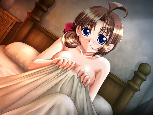 Anime picture 1024x768 with battle goddess 2 (game) light erotic brown hair blue hair game cg ahoge girl bed