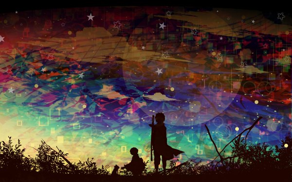 Anime picture 1342x840 with original harada miyuki wide image sky cloud (clouds) squat scenic silhouette weapon star (stars) cloak