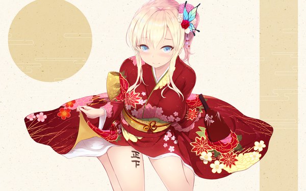 Anime picture 1920x1200 with boku wa tomodachi ga sukunai kashiwazaki sena cait single long hair looking at viewer blush fringe highres breasts blue eyes simple background blonde hair smile hair between eyes sitting holding payot traditional clothes japanese clothes