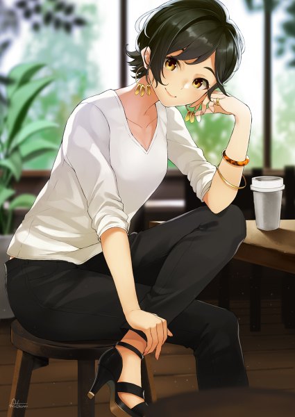 Anime picture 850x1200 with original retsuna single tall image looking at viewer blush fringe short hair black hair sitting signed yellow eyes bent knee (knees) indoors light smile high heels hand on face sleeves pushed up girl plant (plants)