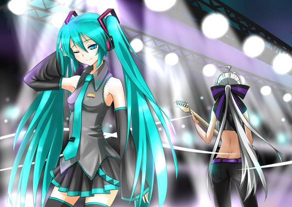 Anime picture 1414x1000 with vocaloid hatsune miku yowane haku dangan-cat long hair smile twintails bare shoulders multiple girls silver hair ponytail one eye closed aqua eyes wink aqua hair girl bow 2 girls hair bow detached sleeves