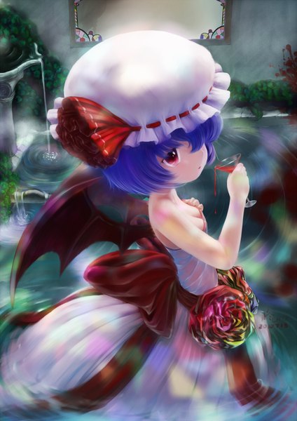 Anime picture 1300x1838 with touhou remilia scarlet zimajiang single tall image short hair red eyes blue hair girl dress bow wings water bonnet cocktail glass
