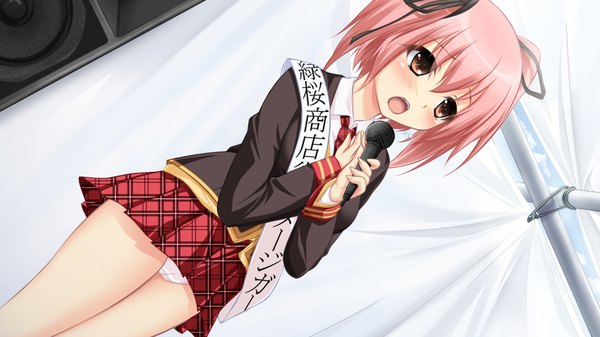 Anime picture 1280x720 with koi suru kimochi no hanakotoba shirane nanakusa single blush short hair open mouth light erotic wide image twintails brown eyes pink hair game cg pantyshot girl skirt uniform underwear panties ribbon (ribbons) hair ribbon