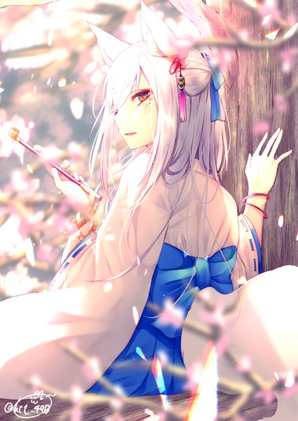 Anime picture 1417x2000 with original chita (ketchup) single long hair tall image fringe open mouth red eyes sitting holding signed animal ears silver hair tail traditional clothes japanese clothes animal tail looking back from behind blurry