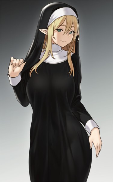 Anime picture 800x1280 with original houtengeki single long hair tall image looking at viewer fringe breasts simple background blonde hair smile hair between eyes large breasts standing green eyes payot pointy ears grey background gradient background nun