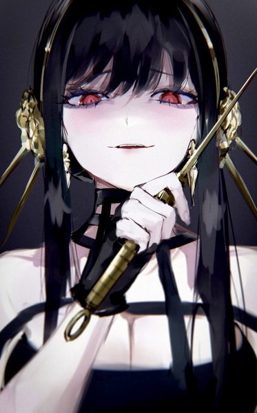 Anime picture 636x1024 with spy x family yor briar mile (off8mile) single long hair tall image looking at viewer blush fringe breasts black hair smile hair between eyes red eyes payot cleavage upper body smirk girl weapon