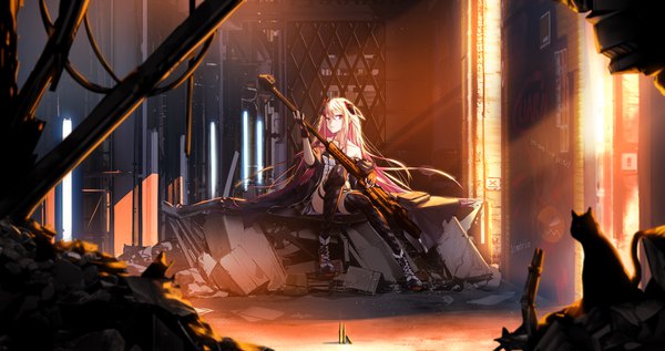 Anime picture 3981x2106 with girls frontline m82a1 (girls frontline) wu lun wujin single long hair looking at viewer fringe highres light erotic hair between eyes wide image sitting payot pink hair absurdres full body parted lips pink eyes off shoulder open clothes