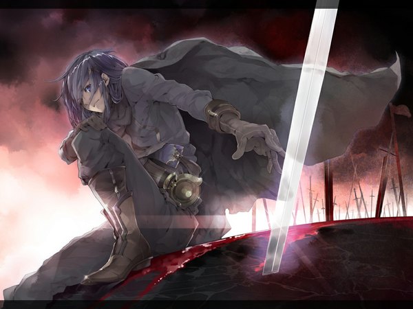 Anime picture 1024x768 with children of the rune single short hair blue eyes black hair boy gloves weapon sword boots blood cloak