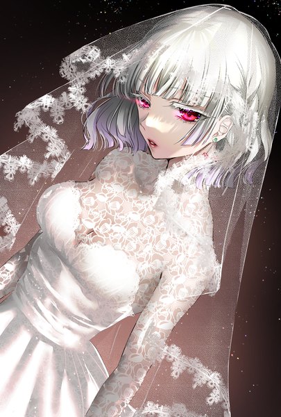 Anime picture 2362x3496 with original hikaru (gevp7588) single tall image looking at viewer fringe highres short hair breasts simple background red eyes standing payot silver hair upper body blunt bangs parted lips lips dutch angle gradient background