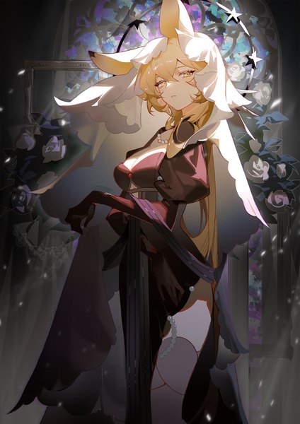 Anime picture 1500x2122 with arknights dorothy (arknights) dorothy (hand of destiny) (arknights) indai (3330425) single long hair tall image looking at viewer fringe blonde hair hair between eyes standing animal ears yellow eyes puffy sleeves official alternate costume girl thighhighs dress gloves