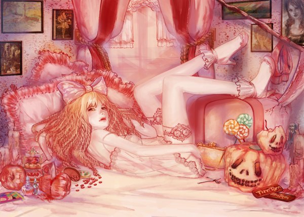 Anime picture 1400x1000 with original jugo (artist) single long hair blush blonde hair red eyes lying lips halloween girl thighhighs bow hair bow white thighhighs food sweets pillow bed knife