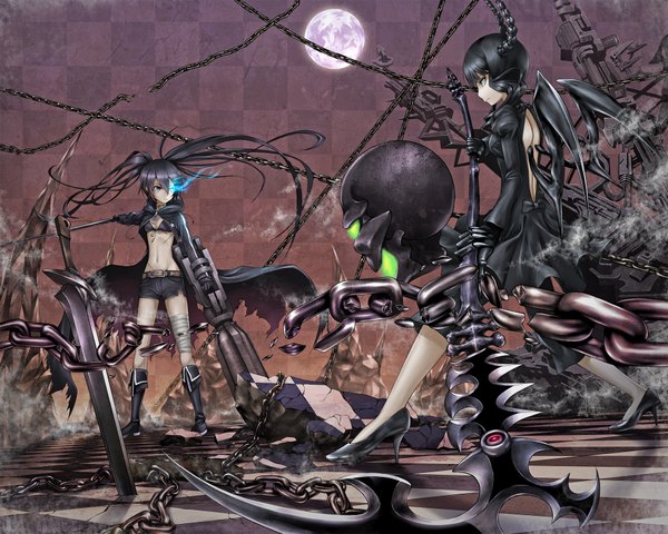 Anime picture 1850x1480 with black rock shooter black rock shooter (character) dead master maazyu long hair highres blue eyes black hair twintails multiple girls green eyes midriff checkered girl 2 girls sword wings shorts gun moon