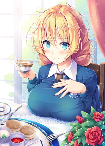 Anime picture 1100x1530 with girls und panzer darjeeling (girls und panzer) akashio (loli ace) single tall image looking at viewer blush fringe short hair breasts blue eyes light erotic blonde hair smile hair between eyes large breasts sitting holding indoors braid (braids)