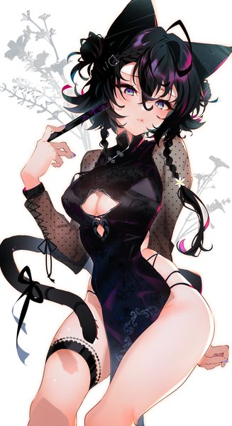 Anime picture 2234x4096 with original arutera single long hair tall image looking at viewer blush fringe highres breasts blue eyes light erotic black hair simple background hair between eyes sitting holding animal ears cleavage ahoge
