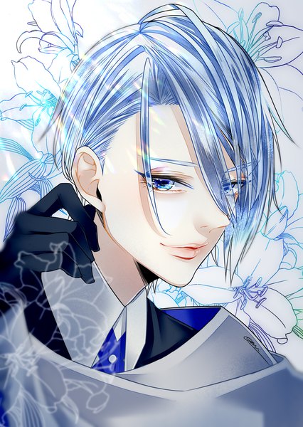 Anime picture 2150x3027 with touken ranbu nitroplus yamanbagiri chougi hal (suck it) single tall image looking at viewer fringe highres short hair blue eyes hair between eyes silver hair lips portrait floral background boy gloves flower (flowers) black gloves