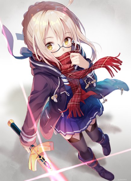 Anime picture 1000x1379 with fate (series) fate/grand order artoria pendragon (all) mysterious heroine x (alter) (fate) mysterious heroine x alter (first ascension) (fate) nonono (nononotea) single tall image blush short hair blonde hair standing holding yellow eyes looking away ahoge braid (braids) pleated skirt from above wind
