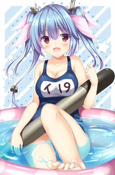 Anime picture 1294x1973 with kantai collection i-19 submarine tomoo (tomo) single long hair tall image looking at viewer blush open mouth light erotic red eyes twintails blue hair girl hair ornament swimsuit one-piece swimsuit school swimsuit pool wading pool