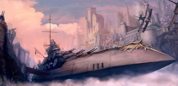 Anime picture 5000x2426 with okita highres wide image absurdres sky cloud (clouds) city smoke landscape rock soldier weapon gun castle aircraft watercraft airplane ship airship