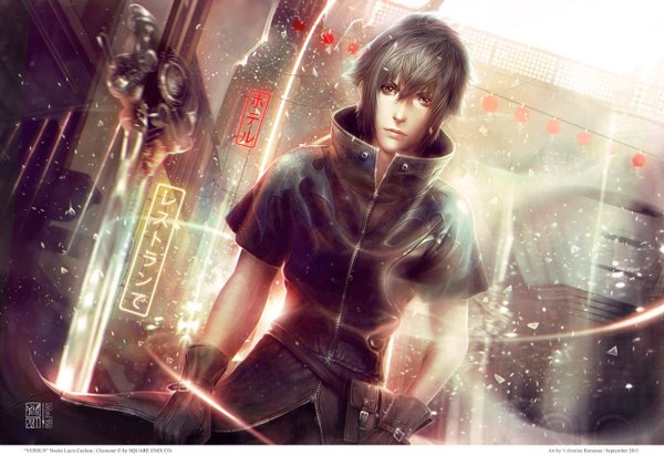 Anime picture 1280x880 with final fantasy xiii final fantasy versus xiii noctis lucis caelum valentina remenar short hair red eyes grey hair realistic inscription magic boy gloves choker mecha chinese lantern