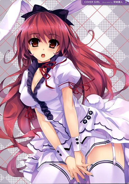 Anime picture 1954x2789 with misaki kurehito single long hair tall image looking at viewer blush highres open mouth light erotic red eyes red hair scan official art girl thighhighs dress bow hair bow white thighhighs