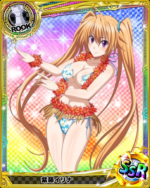 Anime picture 640x800 with highschool dxd shidou irina single tall image looking at viewer blush breasts light erotic smile brown hair purple eyes twintails very long hair torn clothes card (medium) torn swimsuit girl flower (flowers) swimsuit bikini