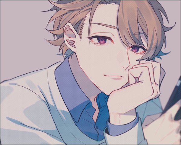 Anime picture 1250x1000 with a3! chigasaki itaru yamada chickenko single looking at viewer short hair simple background brown hair purple eyes grey background chin rest boy